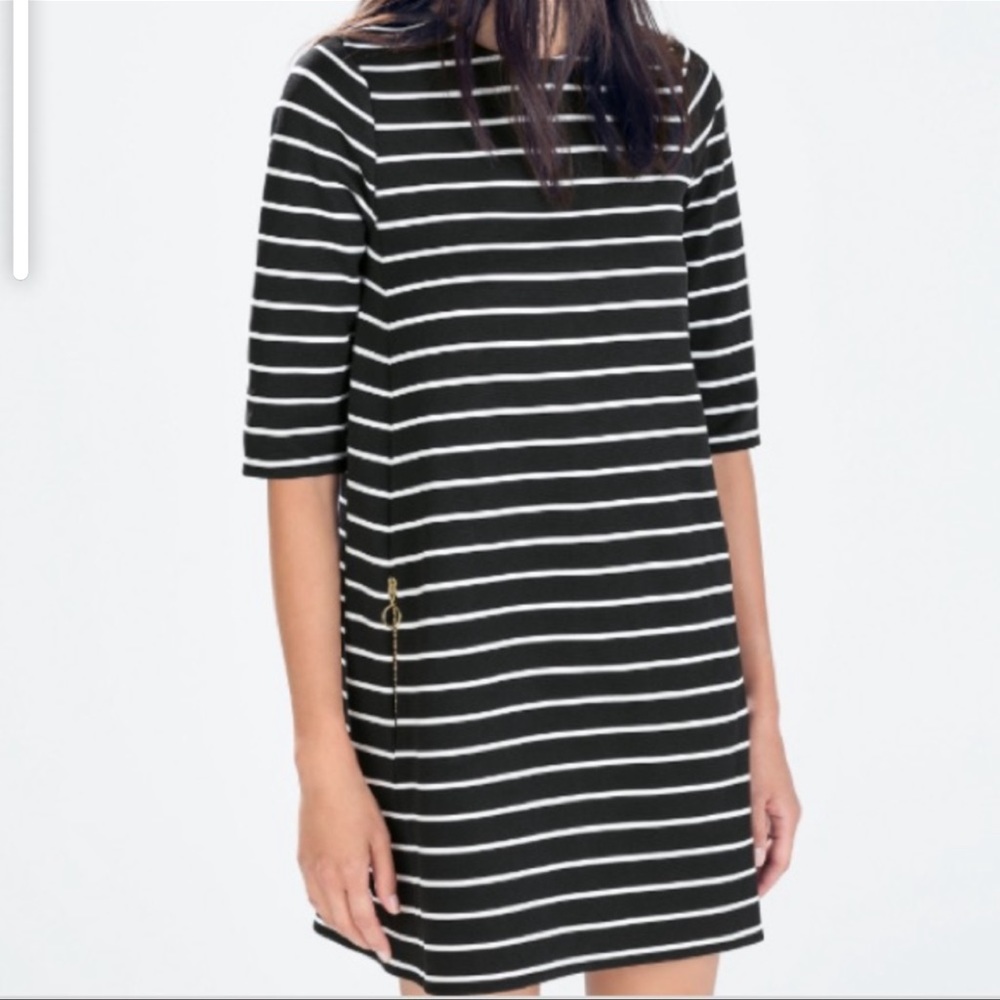 NWT Zara Knit Striped Zip Pocket Dress Black White